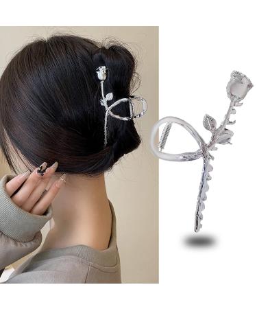 Flower Hair Claw Clips  1Pcs Silver Metal Rose Design Large Size  Elegant and Noble  Strong Hold for Women with Thick or Thin Hair  Stylish Must-Have Hair Accessory 1Pcs (Silver Rose)