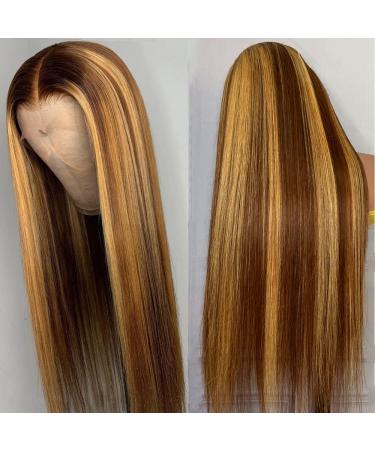 Brennas Ombre Highlight Lace Front Wig for Black Women | Brown Honey Blonde Colored Brazilian Straight Human Hair | 20 Inch 150% Density HD Lace Frontal | Pre Plucked with Baby Hair - Buy Online on GoSupps.com