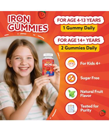 Iron Gummies for Kids & Teens Kids Multivitamin with Iron Supplement Calcium Folate Zinc Prebiotic - for Blood Builder & Energy Support Iron Deficiency - Vegan & Non-GMO - 60 Count Strawberry Strawberry 60 Count (Pack  - Buy Online on GoSupps.com