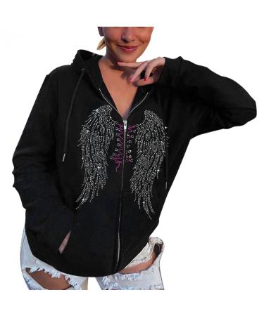 Y2K Hoodies for Women Full Zip Up Print Graphic Oversized Pockets Hooded Jacket 90s Long Sleeve Sweatshirt Halloween Gothic Glr926black Medium