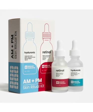 Natural Outcome Hydrating Hyaluronic Acid Serum and Retinol Facial Serum - Night and Day Anti Aging Facial Serum Set 1 oz Each Vegan Cruelty Free & Fragrance Free