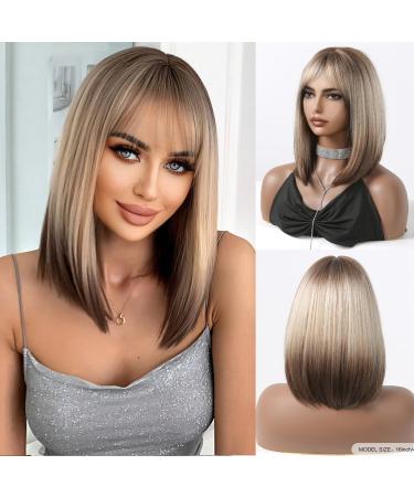 Kellynee Ombre Brown Bob Wig - Dark Roots with Light Gold to Deep Chestnut Tips - Straight Heat Resistant Synthetic Hair for Women - Effortlessly Stylish for Daily Wear Parties and Special Occasions - Buy Online on GoSupps.com