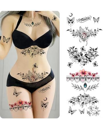 ROARHOWL Sexy Temporary Tattoo Kit - 3D Realistic Flowers & Butterflies for Abdomen, Chest, Waist & Back - Perfect False Tattoos for Women (Design 3) - Buy Online on GoSupps.com
