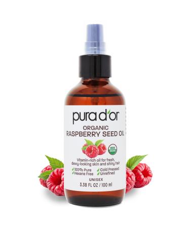 PURA D'OR 3.38 Oz ORGANIC Raspberry Seed Oil - 100% Pure USDA Certified Cold Pressed Unrefined Hexane-Free Premium Grade - Sun Protection For Skin Body & Hair 3.38 Fl Oz (Pack of 1)