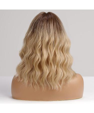 HAIRCUBE Short Blonde Curly Wigs with Dark Roots and Bangs - Wavy Bob Style for Women | Heat Resistant Synthetic - Buy Online on GoSupps.com