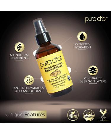 PURA DOR Organic Jojoba Oil (4oz) - 100% Pure USDA Certified, Cold Pressed, Hexane-Free Carrier Oil for Skin, Hair & Nails - Buy Online on GoSupps.com