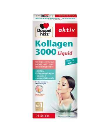 Double -heart collagen 3000 liquid - skin + connective tissue - with vitamin A zinc and biotin as a contribution to the preservation of normal skin - 14 portion bag 14 pieces (1 Pack)