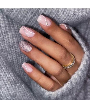 JUSTOTRY 24 Pcs White Swirl Square Short False Nails Pink French Press on Nails Pattern Glitter Wavy Fake Nails Medium with Nail Glue Stick on Nails for Women Squoval Nails Fake Nail for Nails Art pink&swirl2