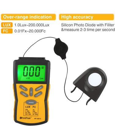 HOLDPEAK 881C Digital LUX Meter | Measure Range 0.1-200,000 Lux | 0.01-20,000 FC Light Meter with Peak Hold | Lux/FC Unit | Data Hold | LCD Display Backlight - Ideal for Plants and LED Lights - Buy Online on GoSupps.com