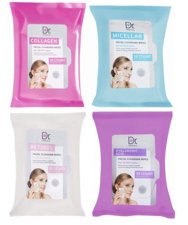 Face Wipes Variety Pack | 120 Micellar Wipes in 4 Packs Good for Makeup Removal and Gerneal Facial Cleansing 30 Collagen Retinol Micellar & Hyaluronic Acid Wipes | Dr. Wellness Collagen Retinol Micellar and Hyalu...