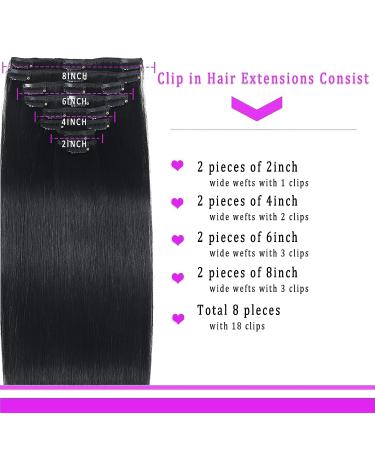 SIVSV 18 Inch Jet Black Clip in Human Hair Extensions - Remy Seamless Clip ins for Women - 100g Double Weft - 8pcs/Set - Buy Online on GoSupps.com