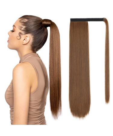 NANNAN Light Brown Ponytail Extension 24 Inch Long Straight Wrap Around Hair Piece Clip in Synthetic Fiber Hair for Women
