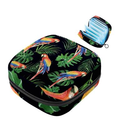 1 x women's sink storage pocket menstrual cup portable zipper tampons holder for wallets first period kit for teenagers girls tropical parrots birds leaves colored 2