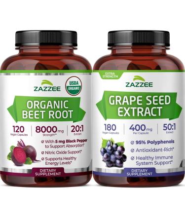 Zazzee Herbal B Pressure Support Bundle | 50:1 Grape Seed Extract Capsules Plus 20:1 Organic Beet Root Capsules | Non-GMO Vegan & ISO Lab Tested
