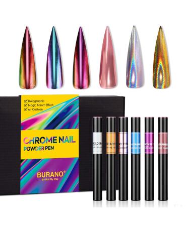 BURANO Chrome Nail Powder for Nails, Metallic Chrome Air Pen Holographic Powder Mirror Effect 6 Colors