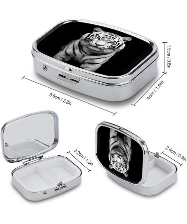 Black and White Tiger Print Pill Box - 2 Compartment Portable Medicine Organizer | Decorative Metal Pill Case for Pocket or Purse - Buy Online on GoSupps.com