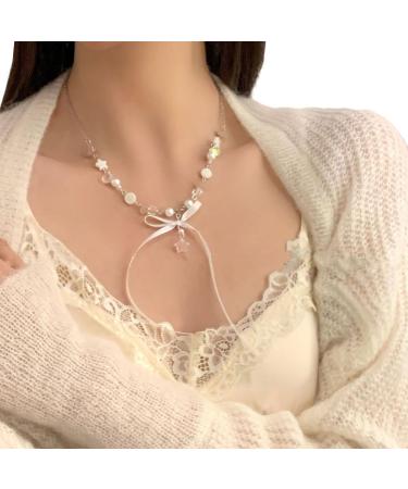 OralGos Elegant Silk Ribbon Necklace Handmade Crystal Beads Clavicle Chain Choker Jewelry for Women
