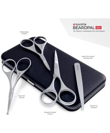Suvorna Professional Men's Grooming Kit 4 Pcs for Facial Hair Removal & Trimming - Mustache, Beard, Ears, Nose, Eyebrow Scissors, Slant Tweezers (Dark Blue) - Buy Online on GoSupps.com