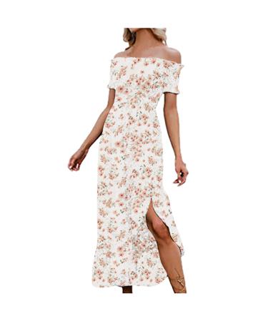 Womens Maxi Dresses Sexy Off Shoulder Chiffon Long Dress Short Sleeve Slash-Neck Beach Dress Fashion Print Split Dress XX-Large White