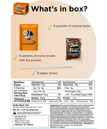 J WAY Instant Boba Bubble Milk Tea Kit with Cr me Brulee Tapioca Boba - 6 Servings, Ready in 1 Minute | Includes Paper Straws | Pack of 1 - Buy Online on GoSupps.com