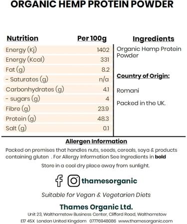 Organic Hemp Protein Powder 1kg Certified Organic Non-GMO Vegan No Additives No Preservatives Resealable Bag by Thames Organic 1kg - Buy Online on GoSupps.com