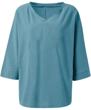 FAVIPT Women's V-Neck Linen Top - Boho 3/4 Sleeve Blouse for Leggings - Large Blue - Buy Online on GoSupps.com
