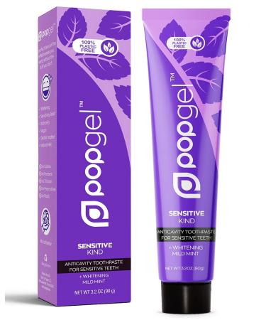 PopGel Sensitive Kind Toothpaste - Mild Mint - 100% Plastic Free Toothpaste - Anticavity Fluoride Toothpaste - Vegan - Clean Ingredients - SLS & Paraben Free (4oz) Natural Mild Mint & Menthol