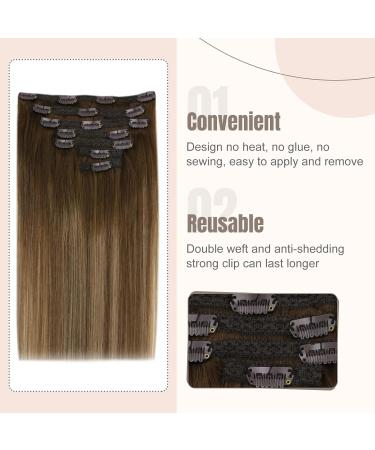 FSHINE Clip-In Hair Extensions - Real Human Hair Balayage Ombre 55cm 120g Double Wefts Dark Brown & Caramel Blonde - 7 Pcs #4/27/4 - Buy Online on GoSupps.com