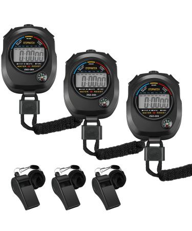Frienda 3 Pieces Black Sport Stopwatch Digital Sports Stopwatch Timer Large Screen Interval Timers 3 Pieces Loud Sound Whistle Sports Whistle with Lanyard Black Loud Whistle for Athletes and Referee