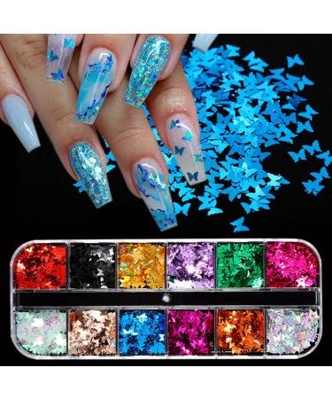 12 Colors Butterfly Nail Art Glitter Sequins 3D Holographic Butterfly Nail Decals Sparkly Laser Nail Sequin Flakes for Acrylic Nails Design Manicure Paillettes for Women Nail Art Decoration Supplies