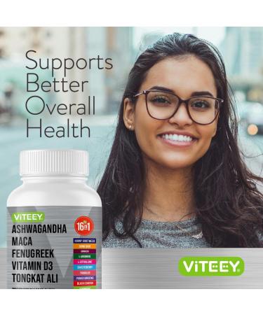 Viteey Ashwagandha Maca Fenugreek Supplement with Tongkat Ali Drive Passion & Energy Support for Men & Women Mood Calm & Stress Support - 60 Capsules - Buy Online on GoSupps.com