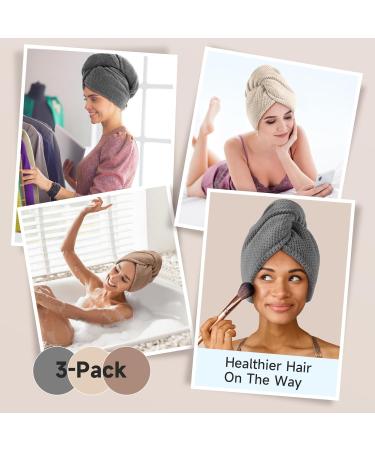 3 Pack Microfiber Hair Towel Wrap for Curly Hair | Super Absorbent Hair Drying Towels for Women & Kids | Hair Care Accessories - Grey Camel Brown - Buy Online on GoSupps.com