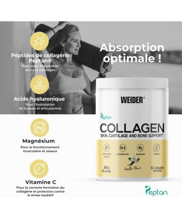 Weider Collagen (300g) Vanilla Flavor Hydrolyzed Collagen Peptides Type I Powder 100% Peptan with Hyaluronic Acid Magnesium Vitamin C Sugar Free For Skin Cartilage Bone & Hair - Buy Online on GoSupps.com