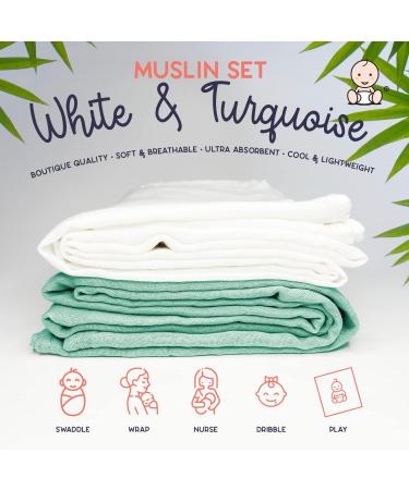 Little Giggles Co. 2-Pack Large Bamboo Muslin Cloths - 120x120cm - Baby Receiving Blankets in White & Turquoise - Newborn Swaddle Wrap & Essentials - Buy Online on GoSupps.com