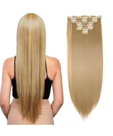 26" Long Straight Clip in Hair Extensions Full Head 8Pcs 18Clips Ombre Colorful Synthetic Hair Clip in Hairpiece Ash Blonde Ash Blonde 26 inch