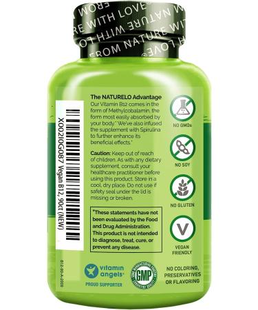 NATURELO Vegan B12 1000 mcg Methylcobalamin with Organic Spirulina - 90 Capsules - Supports Mood, Energy, Heart & Eye Health - Buy Online on GoSupps.com