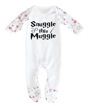 'Snuggle this Muggle' Harry Potter Inspired Baby Boy Girl Sleepsuit Designed and Printed in the UK Using 100% Fine Combed Cotton 3-6 Months White/Pink Stars