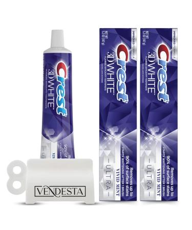 Ultra Whitening Toothpaste Bundle. Includes Crest 3D White Toothpaste Vivid Mint 5.2 Oz (2-Pack) with Vendesta Toothpaste Squeezer. Teeth Whitening Enamel Repair Whitening Toothpaste for Adults.