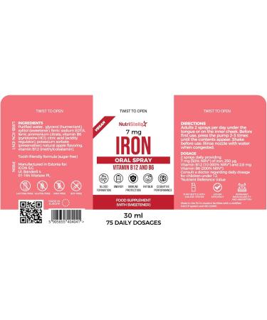 Nutripella Iron Spray - High Bioavailability B12 & B6 - 75 Daily Doses for Energy Immunity & Red Blood Cell Support - Gentle on Stomach - Fast Acting - Great Flavor - Buy Online on GoSupps.com