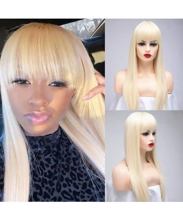 BESTUNG 24 Inches Long Straight Blonde Wigs for With Fringe Women Ladies Synthetic Full Hair Natural Wig with Fringe Bangs for Cosplay Costume or Daily Life (Blonde) 24 Inch (Pack of 1) Blonde