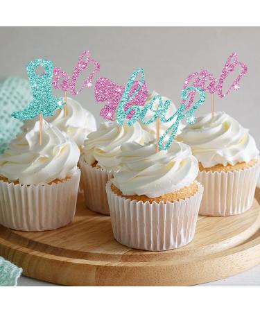 Boy Or Girl Cupcake Toppers Pink & Blue Glitter Baby Shower Cupcake Picks Bows Or Boots/He Or She Cake Decorations for Gender Reveal/First Birthday Party - 24pcs - Buy Online on GoSupps.com