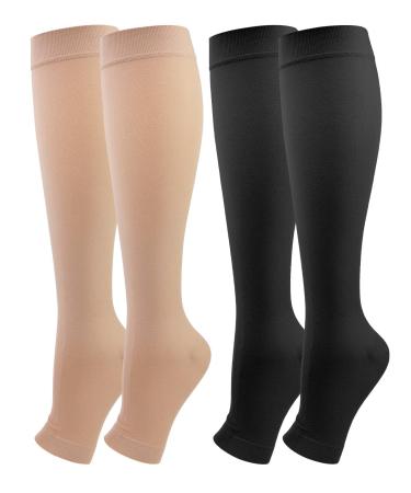 2 pairs of medical compression stockings women & men 20-30 mmHg class 2 open pointed sparkle support support stockings for varicose veins edema flight xxl black+beige