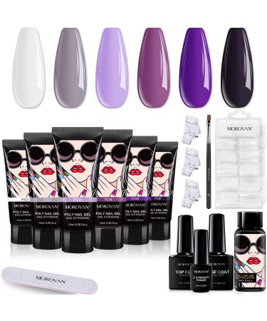 Morovan Poly Gel Nail Kit Poly Extension Nail Gel All In One Kit with Slip Solution Glitter Color Changing Poly Gel Nail French Nail Art Equitment DIY Poly Gel Kits for Starter Professional (6 Colors White Purple Black)