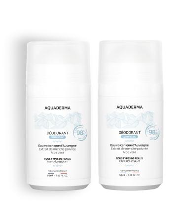 Aquaderma Peppermint & Organic Aloe Vera Roll-On Deodorant - Pack of 2 x 50ml - 98.9% Natural Origin & Made in France - Refreshes & Eliminates Bad Odors