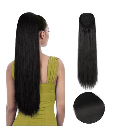 SEIKEA 28" Ponytail Extensions Drawstring Long Straight Fake Pony Tail Natural Soft Clip in Hair Extension Synthetic Heat Resistant Hairpiece - Black 28 Inch 155G (Pack of 1) Black