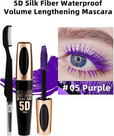 Purple Waterproof Mascara for Eyelashes 5D Silk Fiber Mascara with Folding Eyelash Comb Brush Liquid Colored Mascara Lash Extensions Volumizing and Thick Smudge-proof Long Lasting Party Stage Use - Buy Online on GoSupps.com