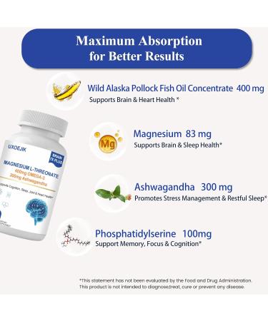 UXOEJIK Magnesium L-Threonate 2000mg with Vitamin D K2 Fish Oil & Ashwagandha - Brain Health Memory Sleep Support - Vegan Non-GMO 120 Capsules - Buy Online on GoSupps.com