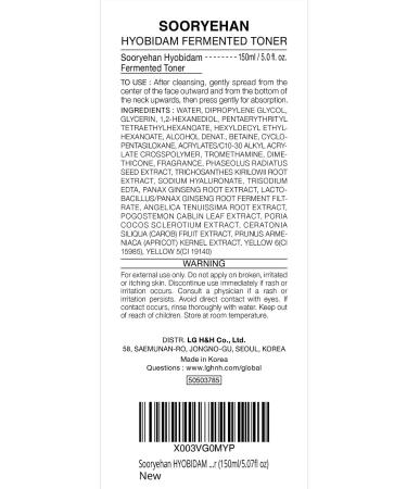 Sooryehan Hyobidam Fermented Toner 5.1fl oz - Korean Skin Care | Nourishing Hydrating Toner with Wild Ginseng | Firm Skin by LG Beauty - Buy Online on GoSupps.com
