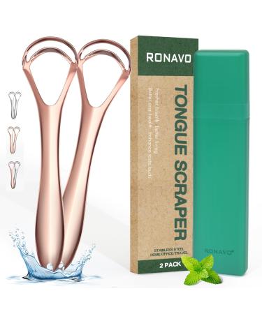 New Upgrade Tongue Scraper with Dual Scraping Head Tongue Cleaner for Adults Kids Fight Bad Breath Metal Tongue Scraper with Travel Case Rose Gold 2 Pack by RONAVO