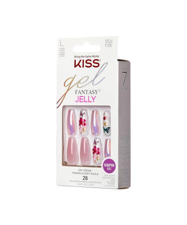 KISS Gel Fantasy Press On Nails - Jelly Cookie Pink Coffin Shape Long Size Includes Glue & Accessories - 28 Nails Set - Buy Online on GoSupps.com